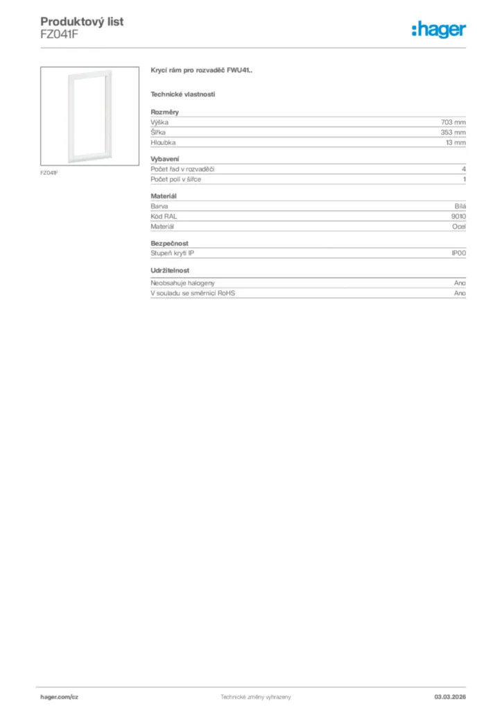 Obrázek Hager Product data sheet FZ041F | Hager