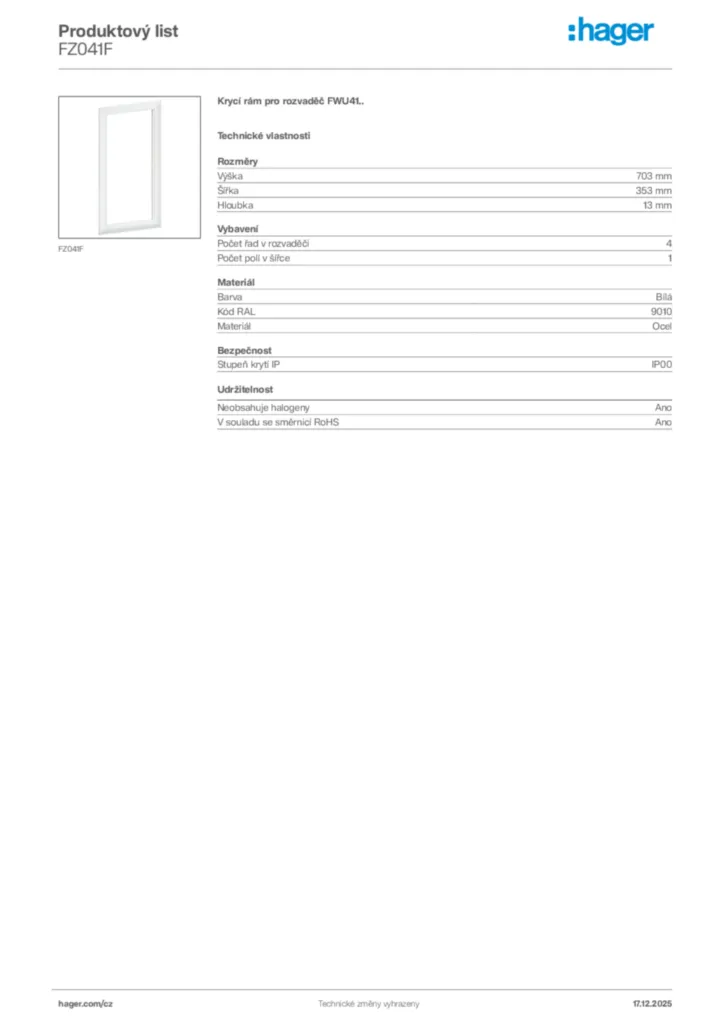 Obrázek Hager Produktový list FZ041F | Hager