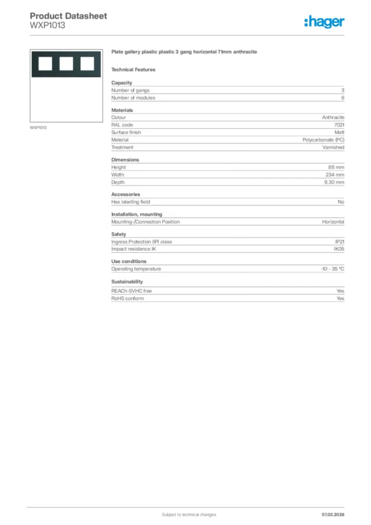 Image Hager Product data sheet WXP1013  | Hager Africa