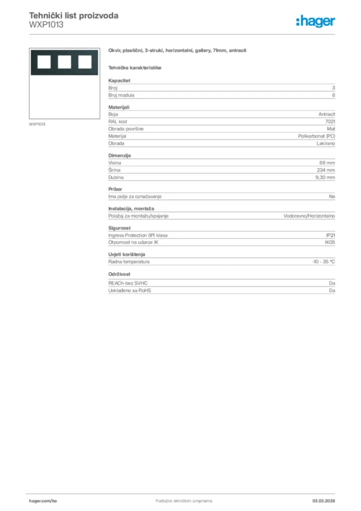 Slika Hager Tehnički list proizvoda WXP1013  | Hager
