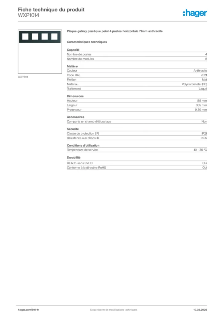Image Hager Fiche technique du produit WXP1014 | Hager Afrique