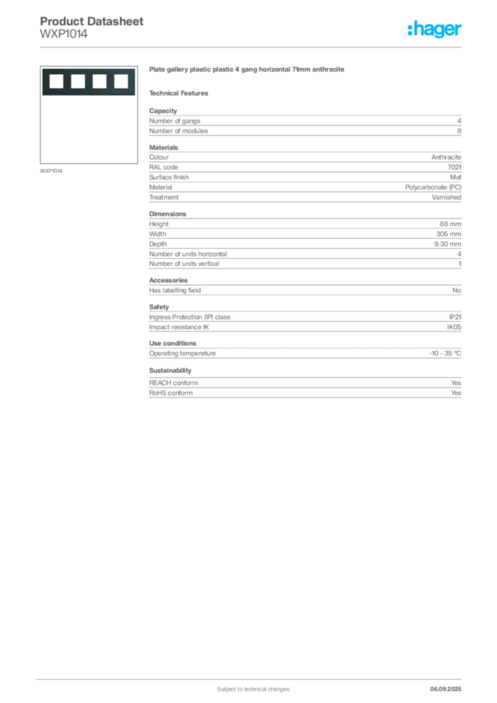 Image Hager Product data sheet WXP1014  | Hager