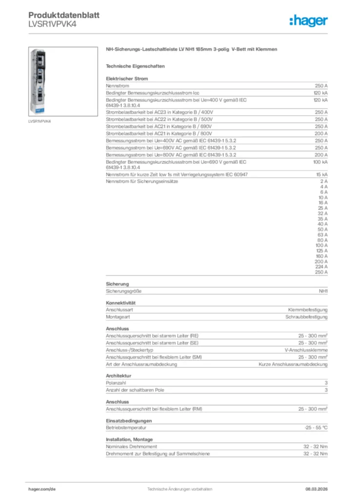 Bild Hager Produktdatenblatt LVSR1VPVK4 | Hager Deutschland