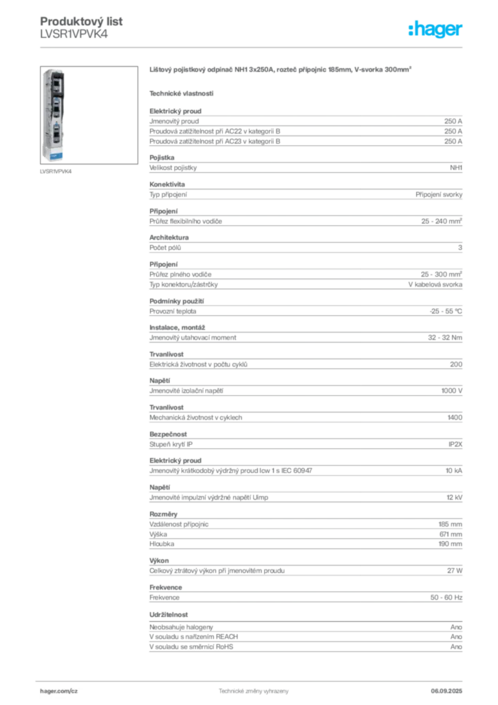 Obrázek Hager Produktový list LVSR1VPVK4 | Hager