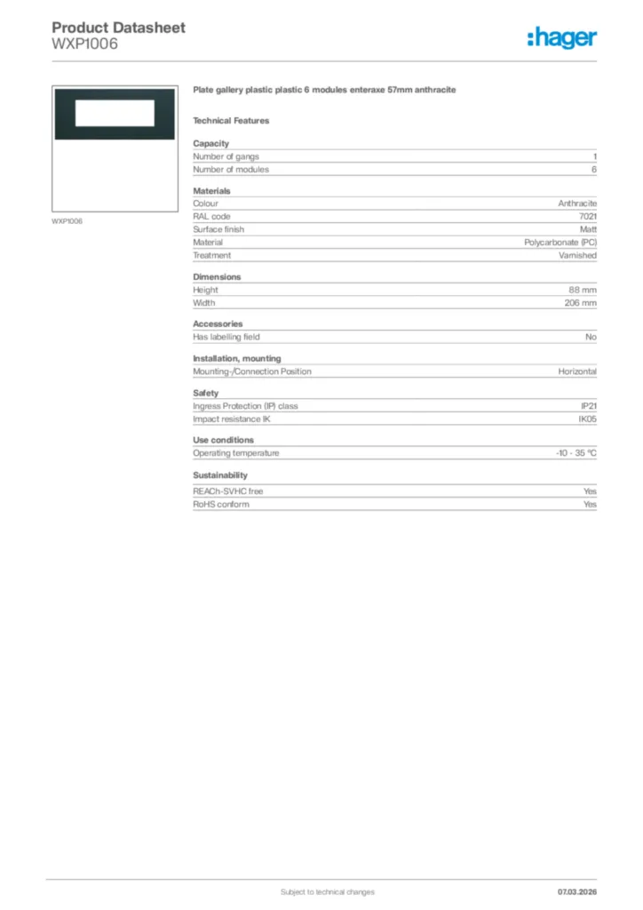 Image Hager Product data sheet WXP1006  | Hager Africa