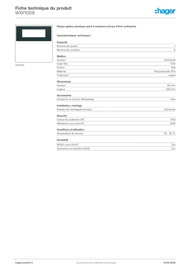 Image Hager Fiche technique du produit WXP1006 | Hager Afrique