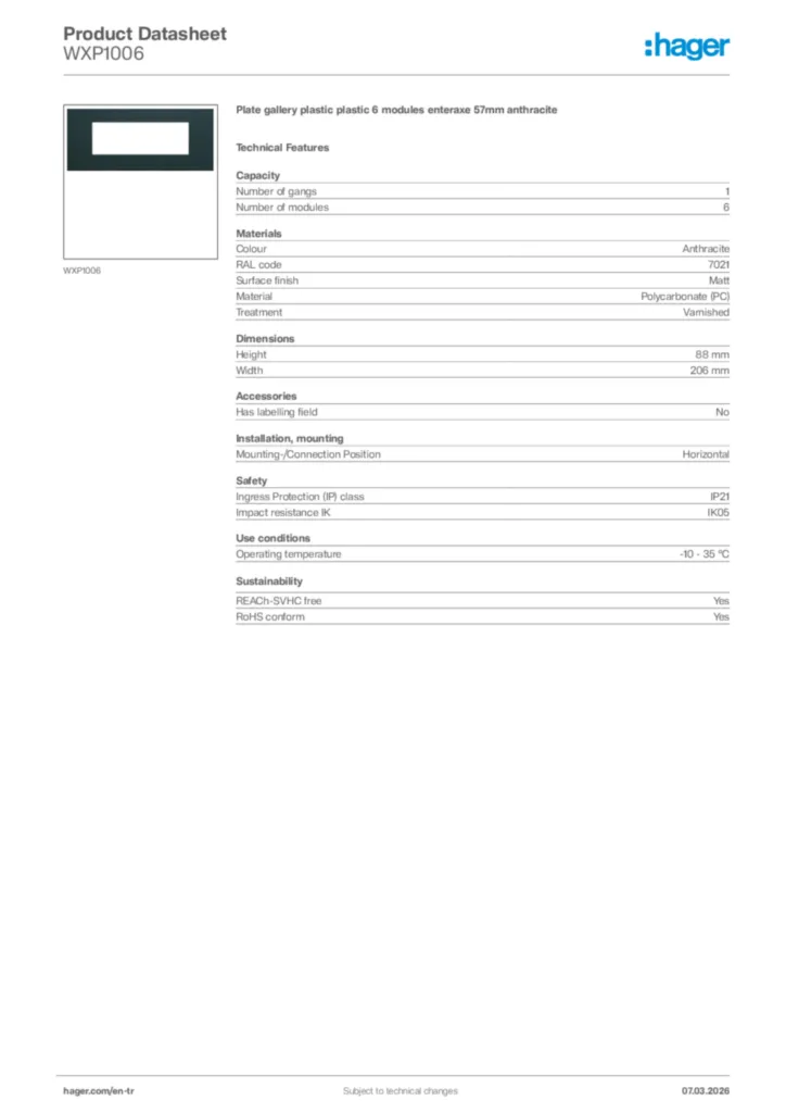 Image Hager Product data sheet WXP1006  | Hager