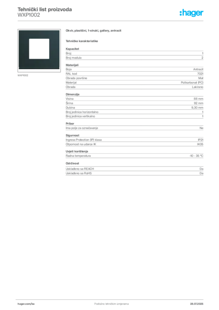 Slika Hager Product data sheet WXP1002  | Hager