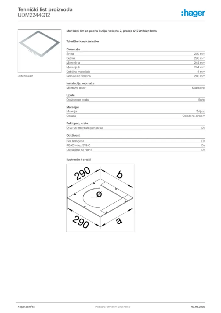 Slika Hager Tehnički list proizvoda UDM2244Q12  | Hager