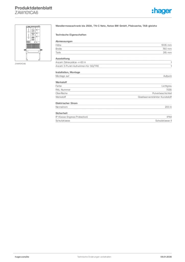 Bild Hager Produktdatenblatt ZAW101CA6 | Hager Deutschland