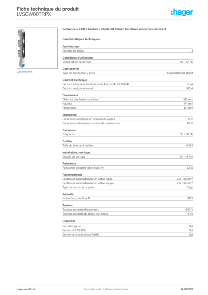 Image Hager Fiche technique du produit LVSGW00TRPX | Hager Suisse