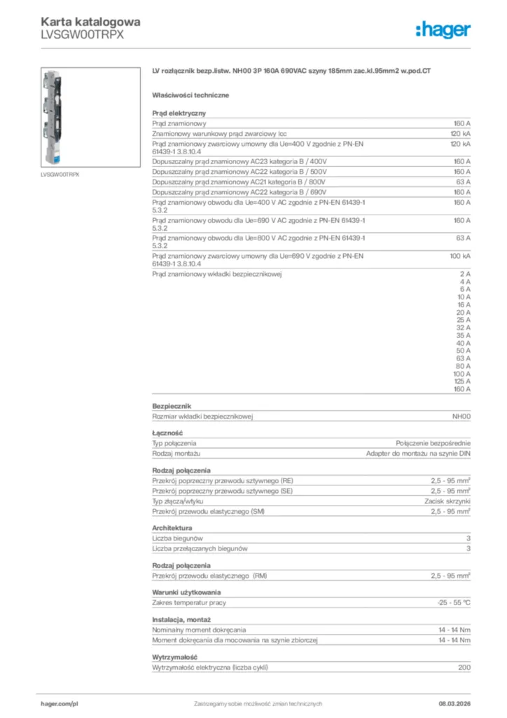 Zdjęcie Hager Karta katalogowa LVSGW00TRPX | Hager Polska
