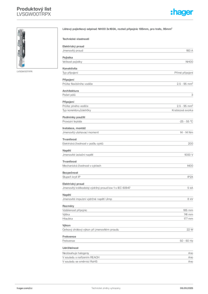 Obrázek Hager Produktový list LVSGW00TRPX | Hager