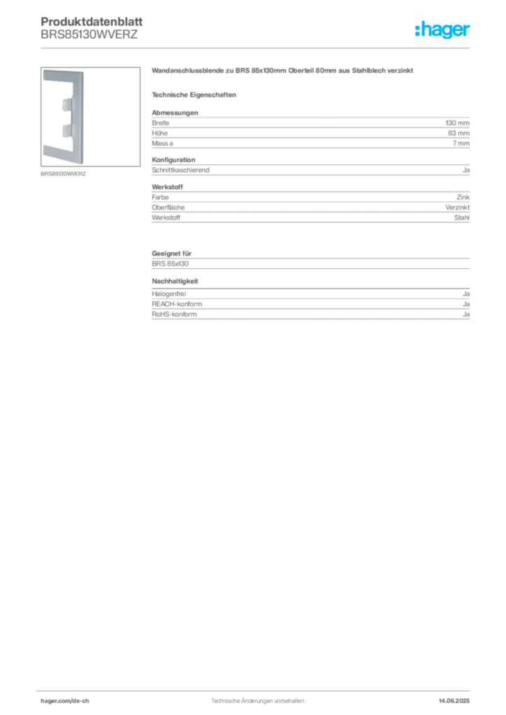 Bild Hager Produktdatenblatt BRS85130WVERZ | Hager Schweiz