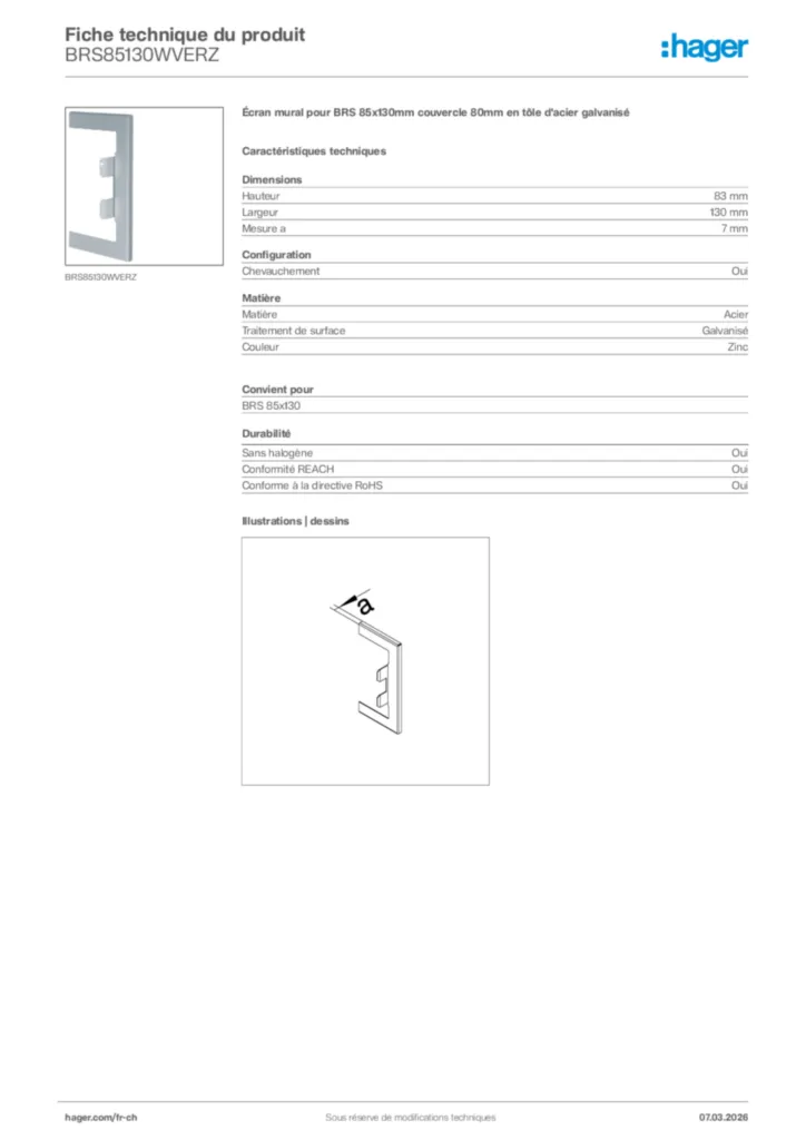 Image Hager Fiche technique du produit BRS85130WVERZ | Hager Suisse