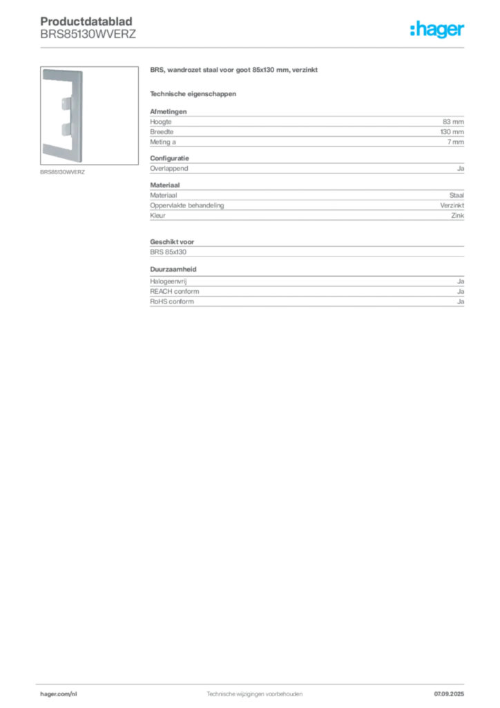 Afbeelding Hager Productdatablad BRS85130WVERZ | Hager Nederland