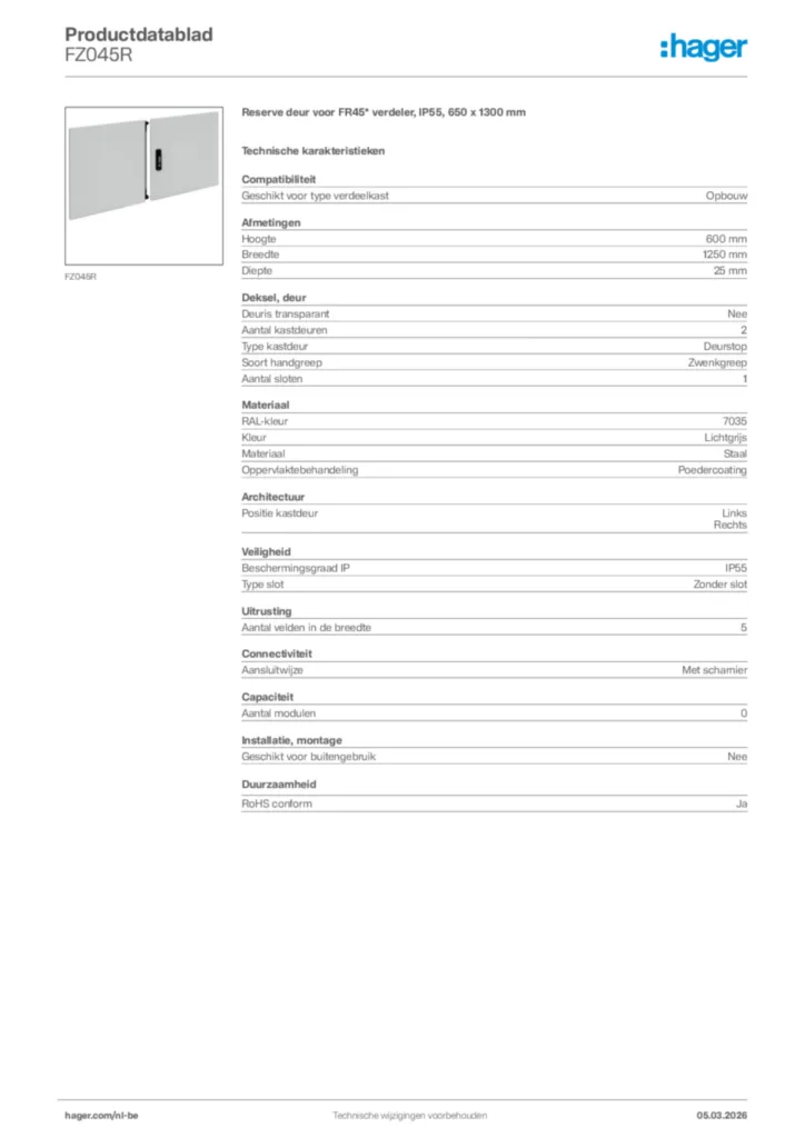 Afbeelding Hager Productdatablad FZ045R | Hager Belgium