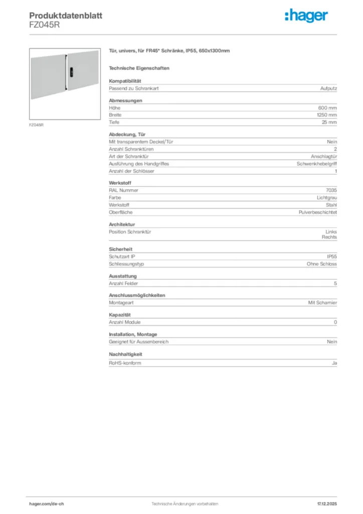 Bild Hager Produktdatenblatt FZ045R | Hager Schweiz