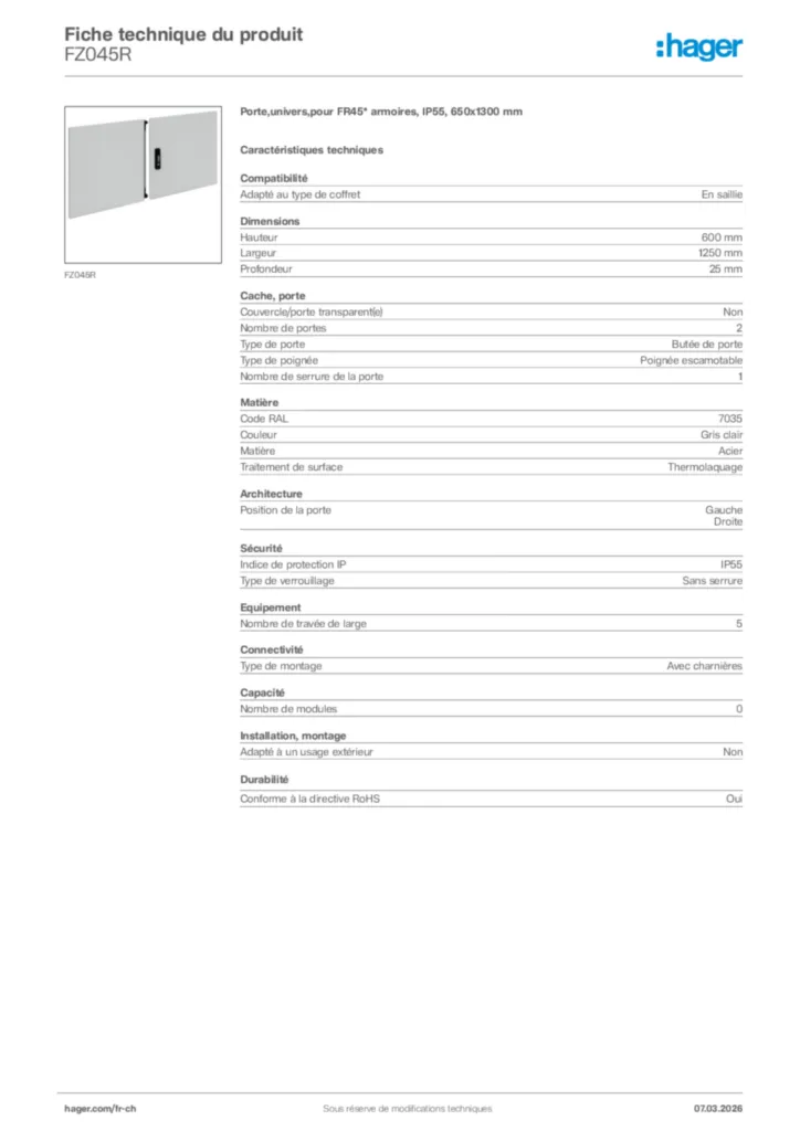 Image Hager Fiche technique du produit FZ045R | Hager Suisse