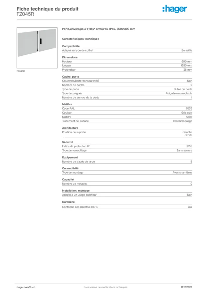 Image Hager Fiche technique du produit FZ045R | Hager Suisse