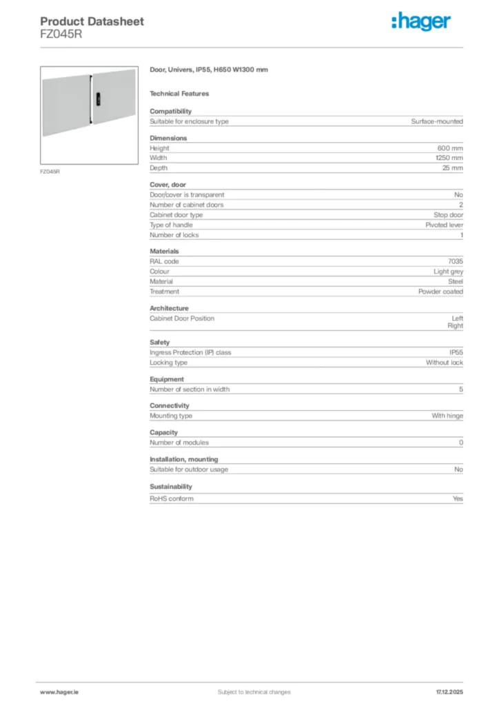 Image Hager Product data sheet FZ045R  | Hager