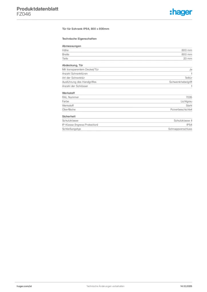 Bild Hager Produktdatenblatt FZ046 | Hager Deutschland