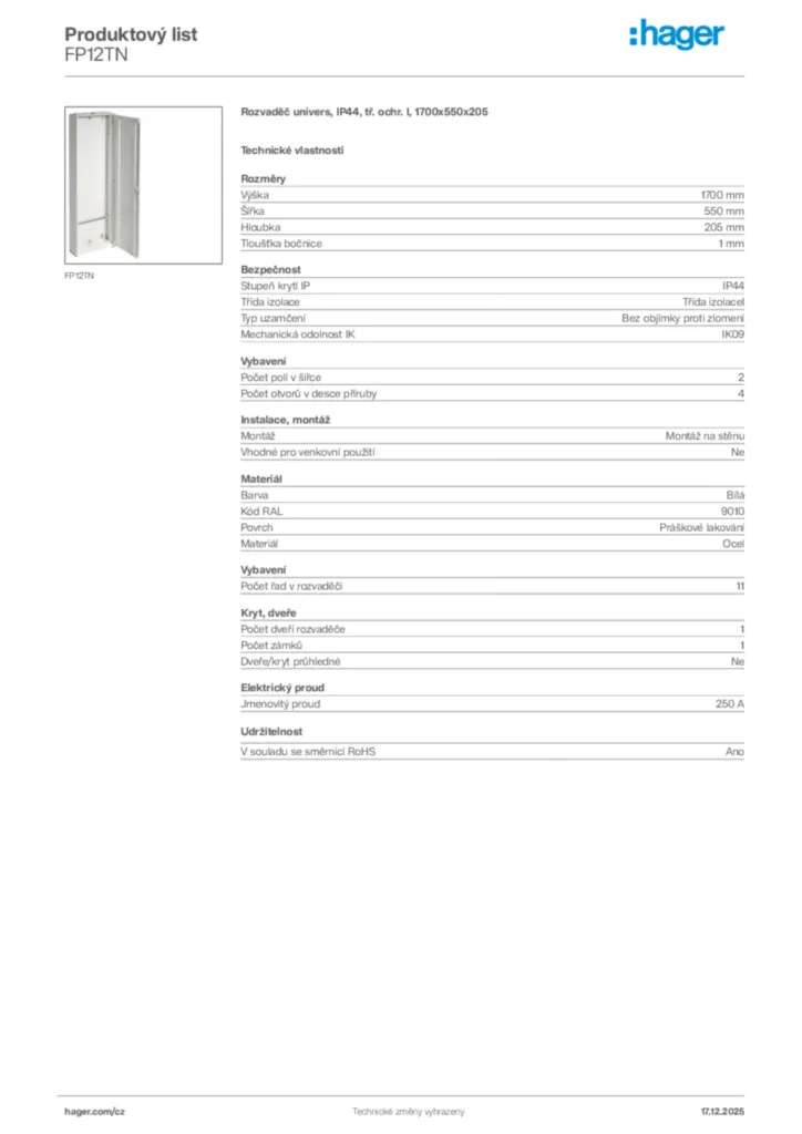 Obrázek Hager Produktový list FP12TN | Hager