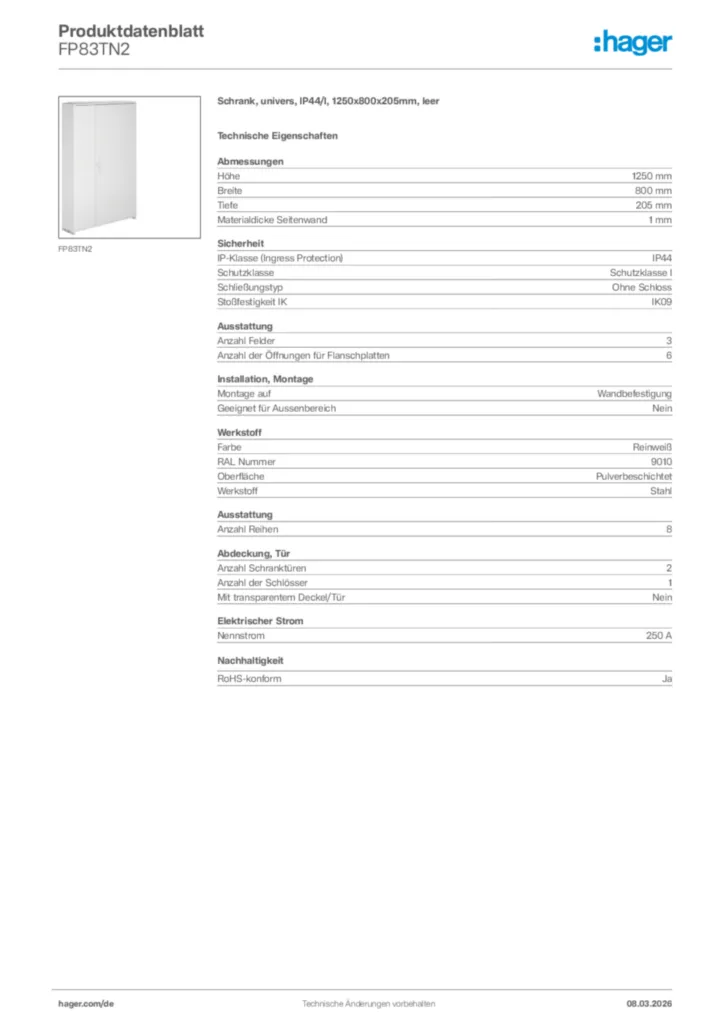 Bild Hager Produktdatenblatt FP83TN2 | Hager Deutschland