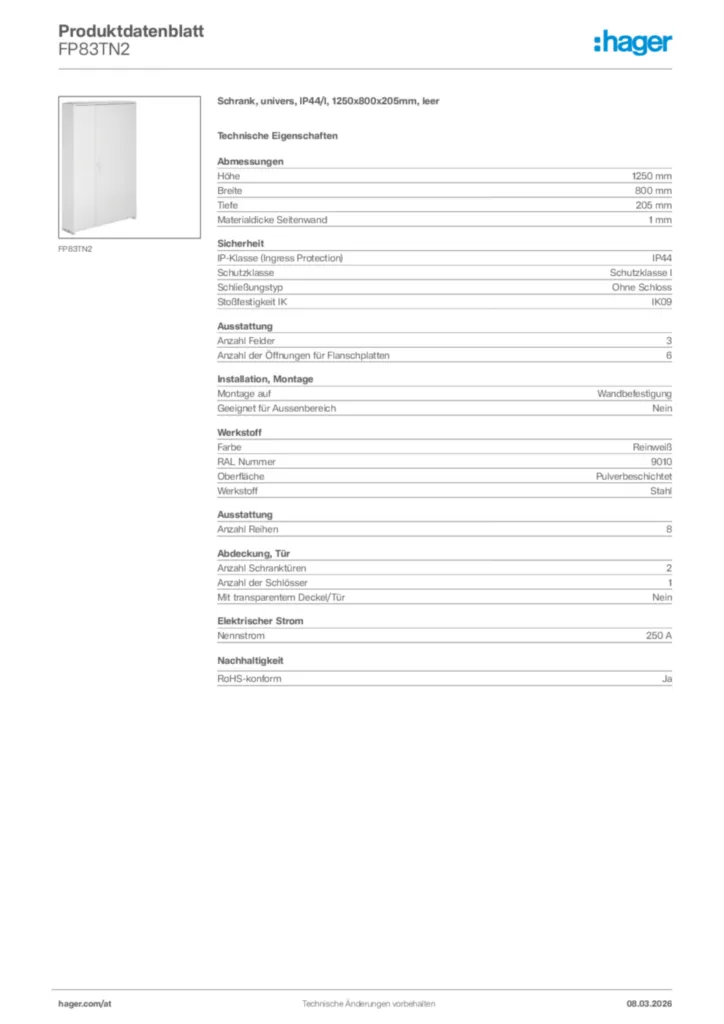 Bild Hager Produktdatenblatt FP83TN2 | Hager Deutschland