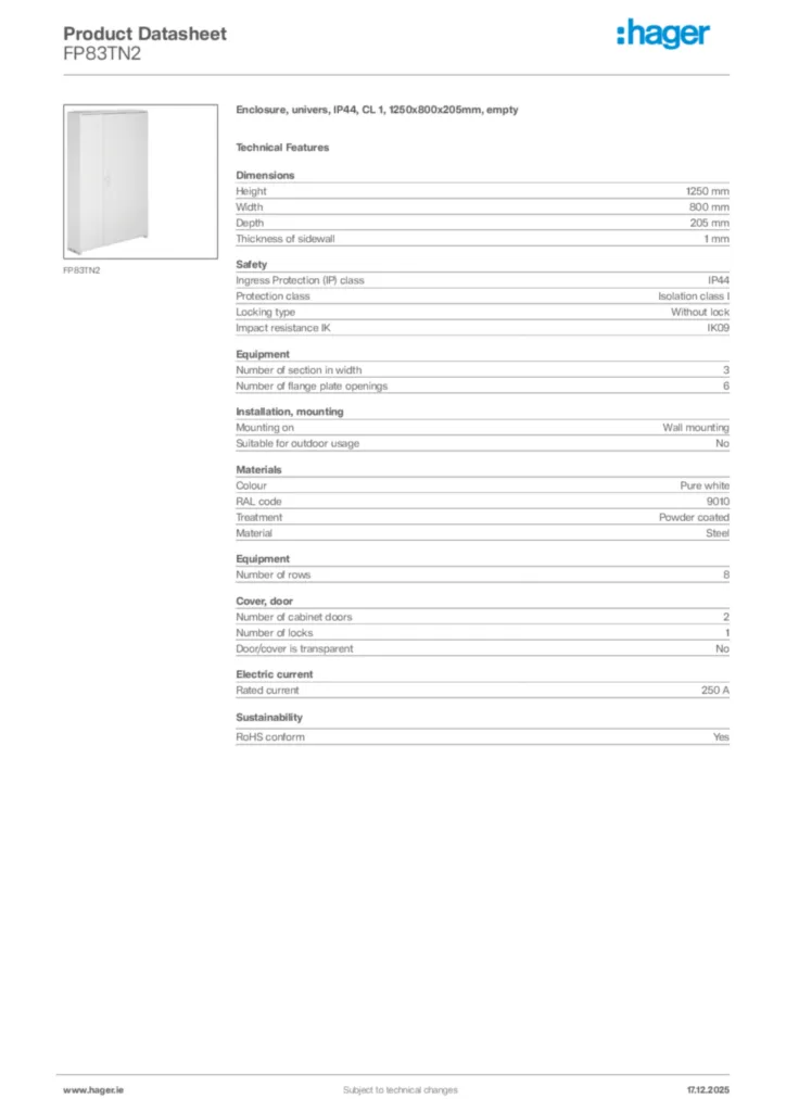 Image Hager Product data sheet FP83TN2  | Hager