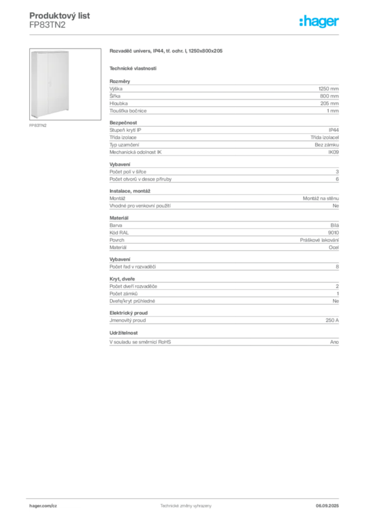 Obrázek Hager Produktový list FP83TN2 | Hager