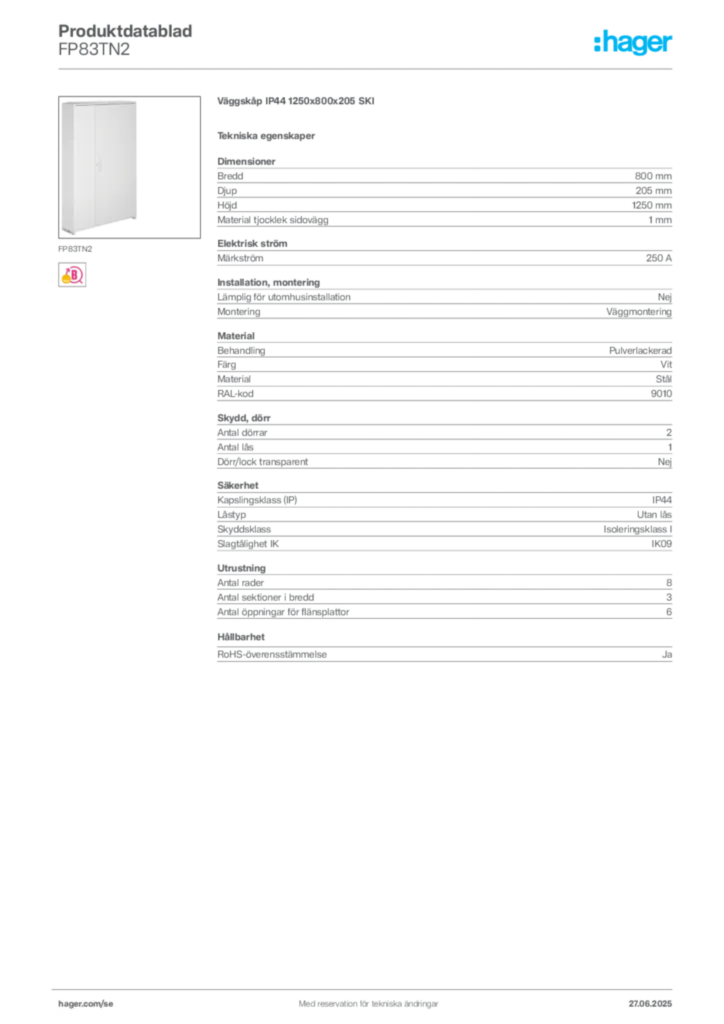 Bild Hager Produktdatablad FP83TN2 | Hager Sverige