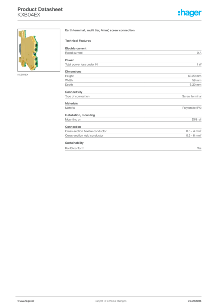 Image Hager Product data sheet KXB04EX  | Hager