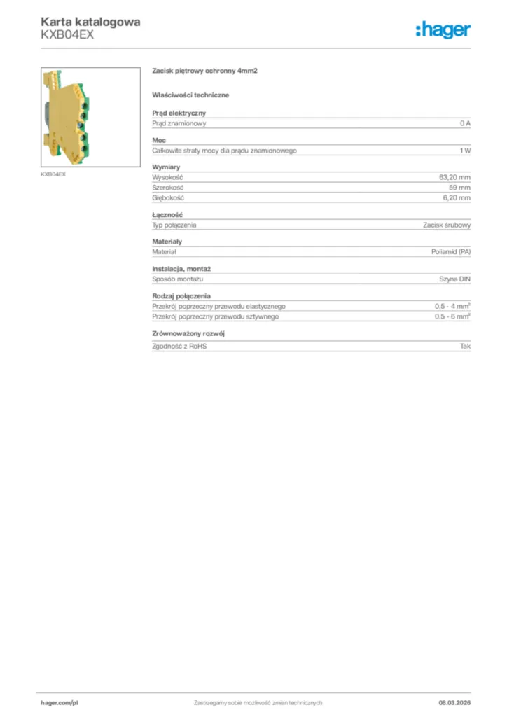 Zdjęcie Hager Karta katalogowa KXB04EX | Hager Polska