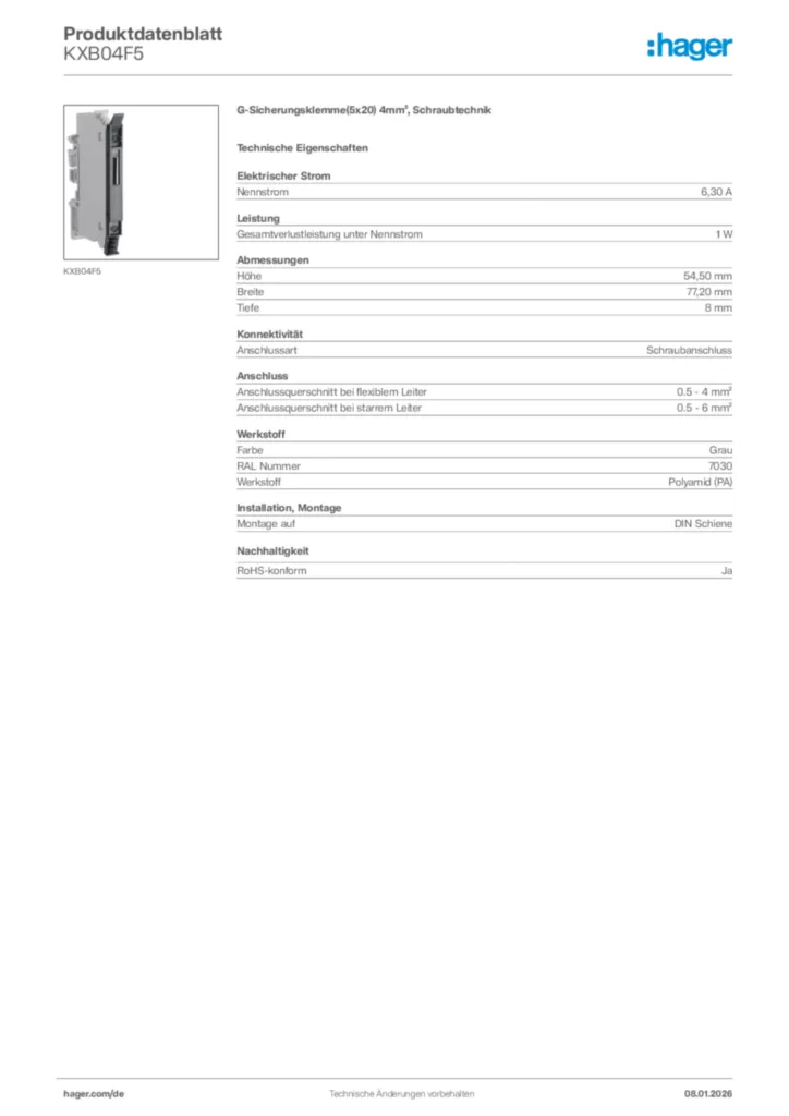 Bild Hager Produktdatenblatt KXB04F5 | Hager Deutschland