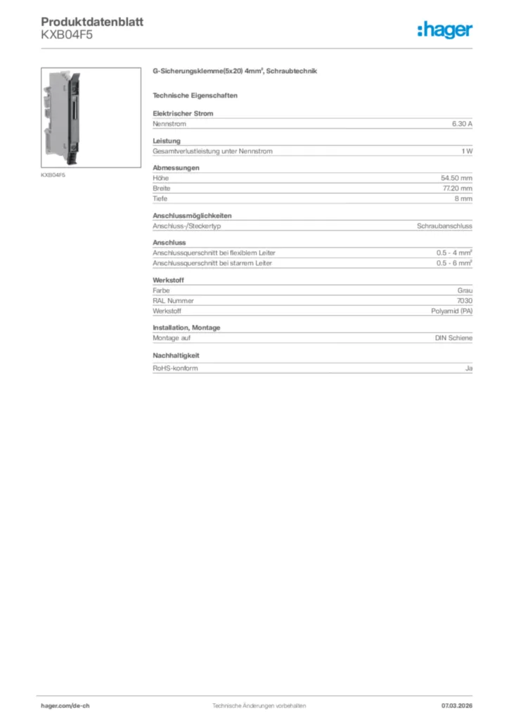 Bild Hager Produktdatenblatt KXB04F5 | Hager Schweiz
