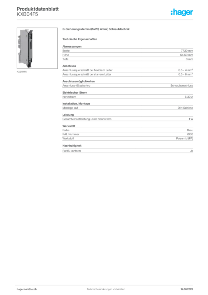Bild Hager Produktdatenblatt KXB04F5 | Hager Schweiz