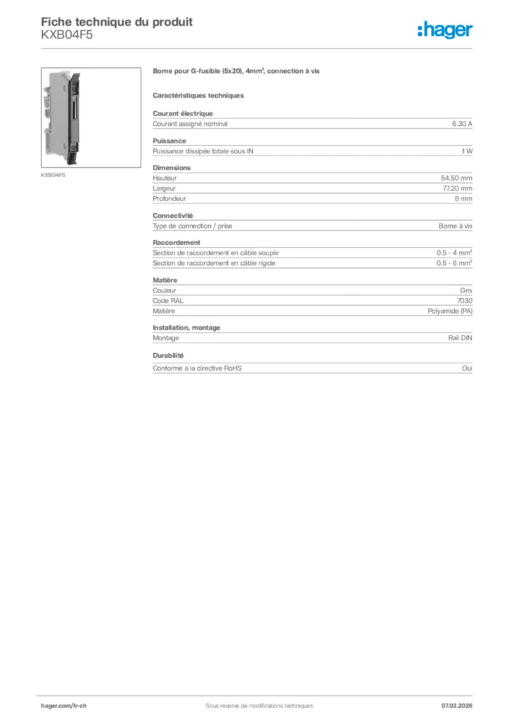 Image Hager Fiche technique du produit KXB04F5 | Hager Suisse