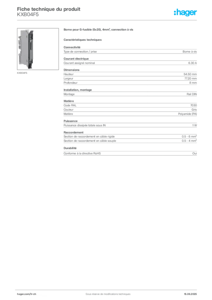 Image Hager Fiche technique du produit KXB04F5 | Hager Suisse