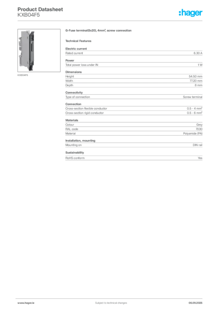 Image Hager Product data sheet KXB04F5  | Hager