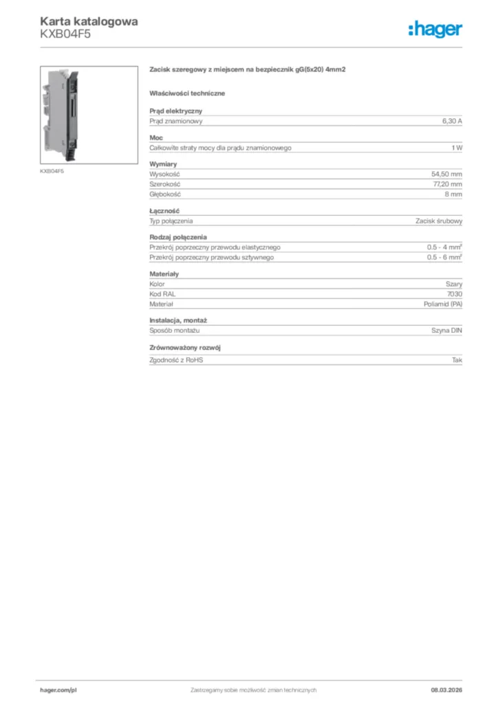 Zdjęcie Hager Karta katalogowa KXB04F5 | Hager Polska