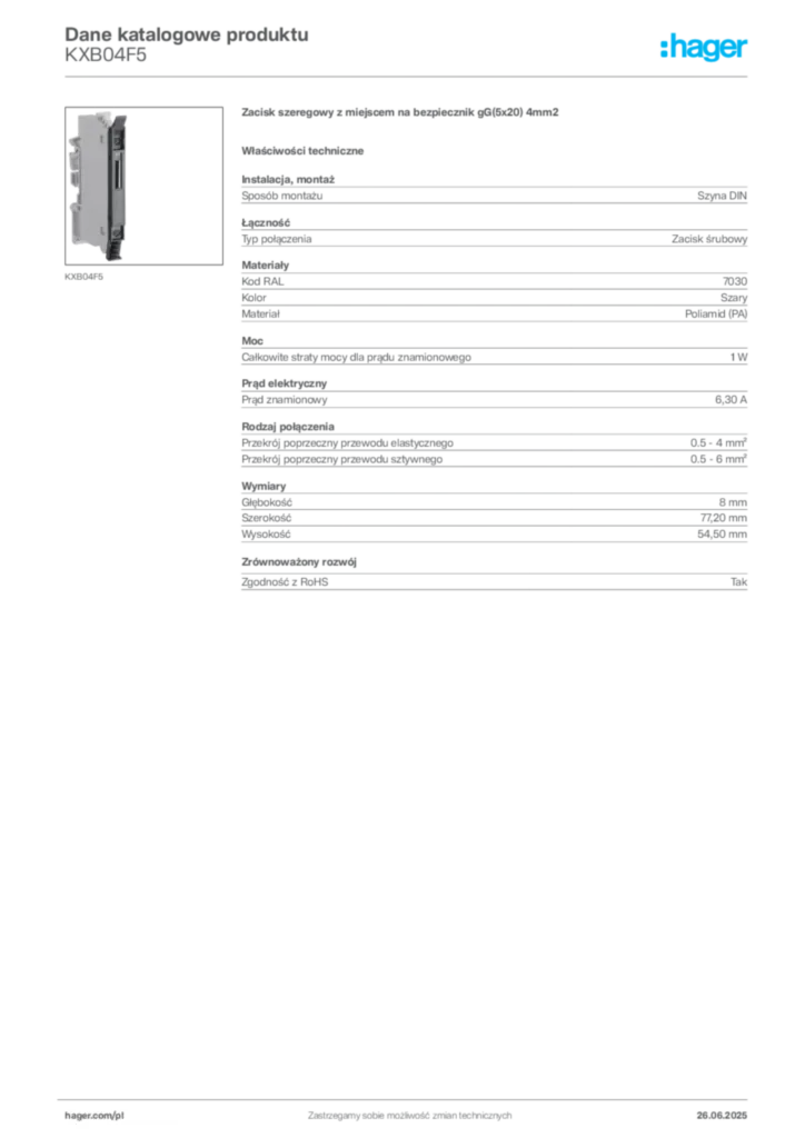 Zdjęcie Hager Karta katalogowa KXB04F5 | Hager Polska