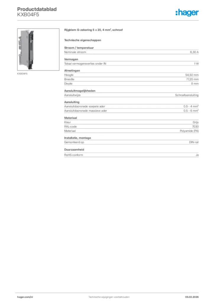 Afbeelding Hager Productdatablad KXB04F5 | Hager Nederland