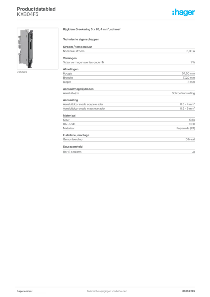 Afbeelding Hager Productdatablad KXB04F5 | Hager Nederland