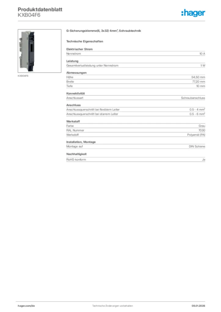 Bild Hager Produktdatenblatt KXB04F6 | Hager Deutschland