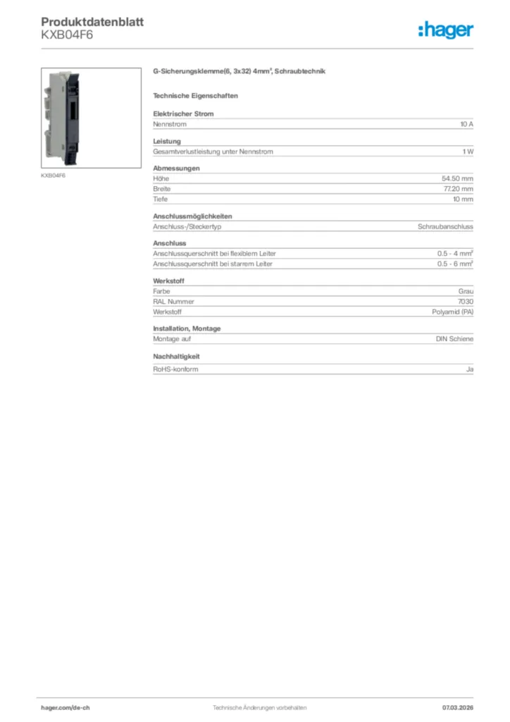 Bild Hager Produktdatenblatt KXB04F6 | Hager Schweiz