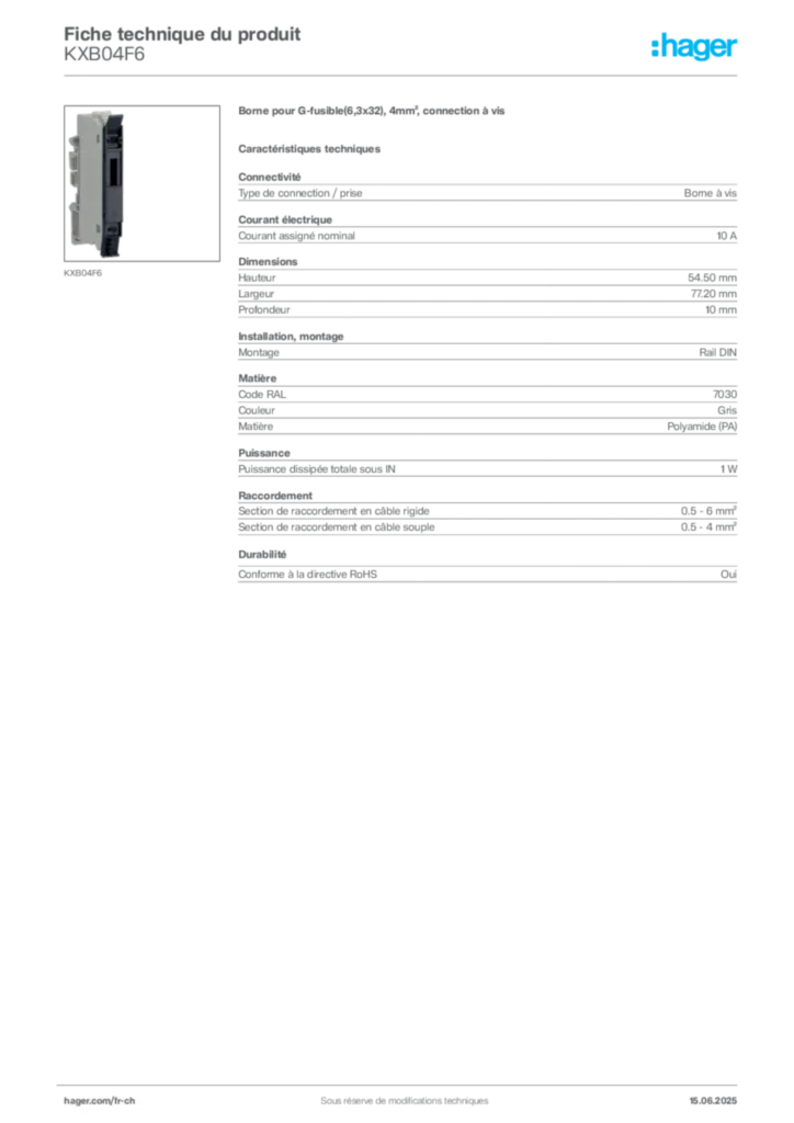 Image Hager Fiche technique du produit KXB04F6 | Hager Suisse