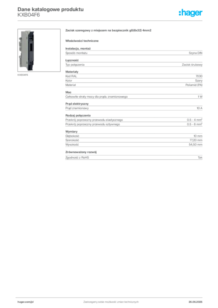 Zdjęcie Hager Karta katalogowa KXB04F6 | Hager Polska