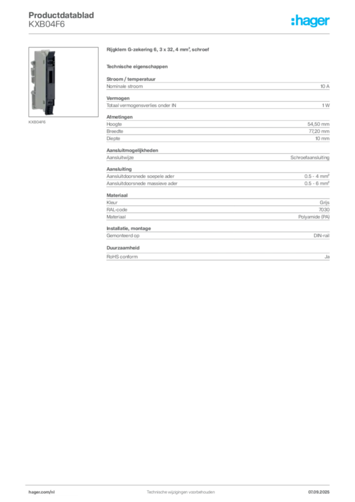 Afbeelding Hager Productdatablad KXB04F6 | Hager Nederland