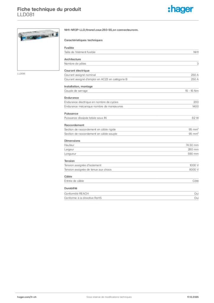 Image Hager Fiche technique du produit LLD081 | Hager Suisse